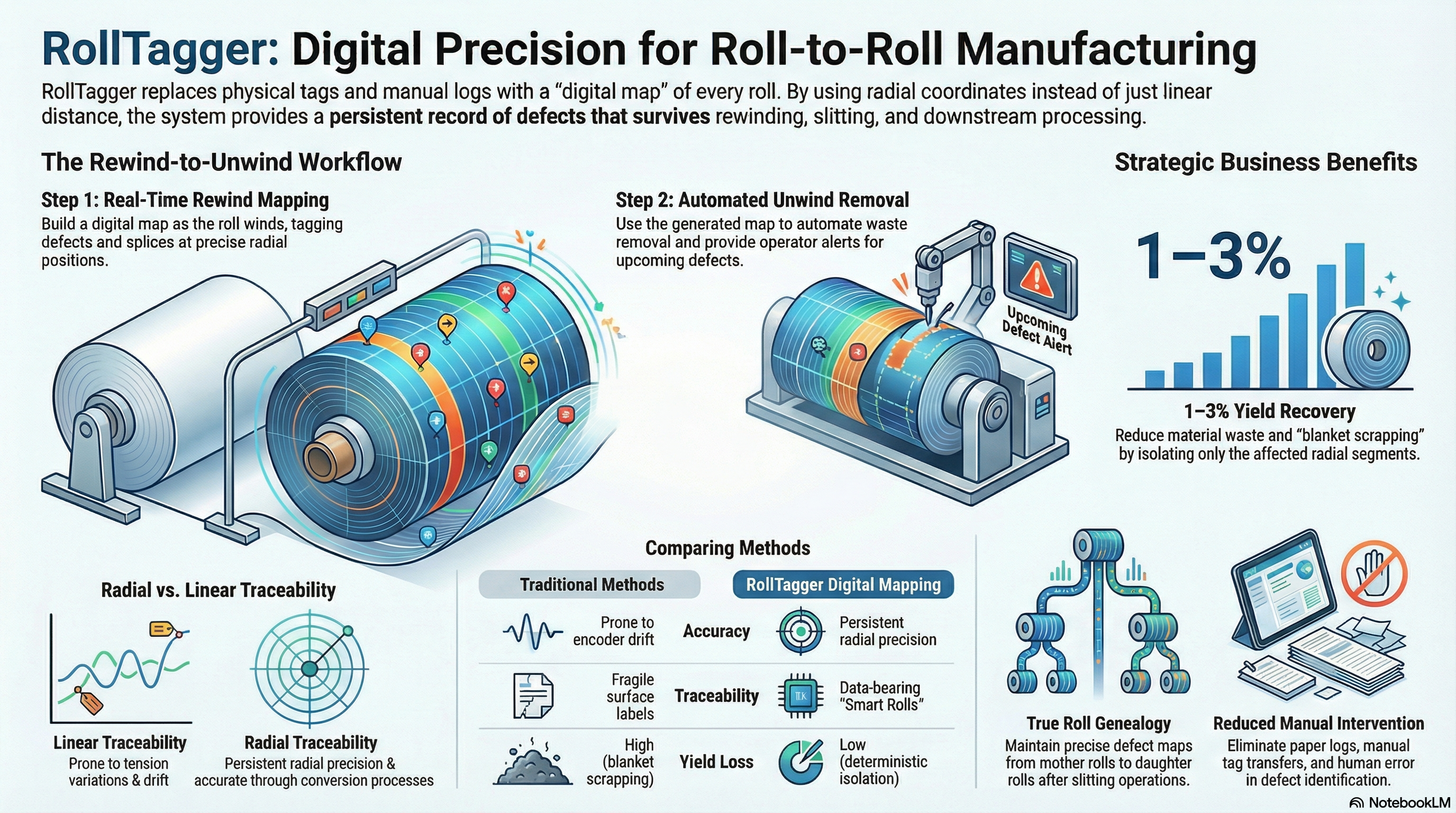 RollTagger infographic showing digital precision for roll-to-roll manufacturing